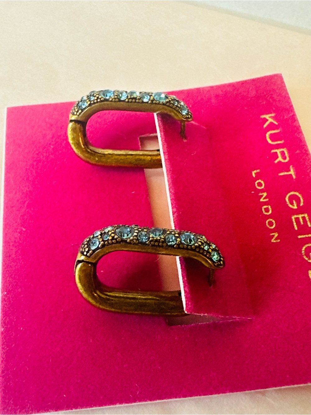 NWT Kurt Geiger Antique Gold Hoop Earrings with Turquoise Crystals - Picture 2 of 8